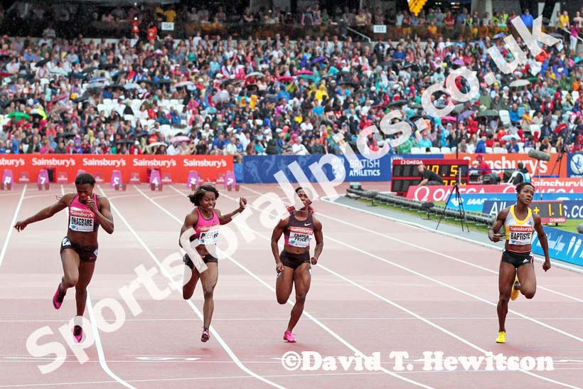 Blessing Okagbare wins from Barbara Pierre, Kelly-Anne Baptiste and Shelly-Ann Fraser-Pryce in the 100 metres,  2013 IAAF Diamond League, Sainsbury's Anniversary Games, Queen Elizabeth Olympic Park, London.